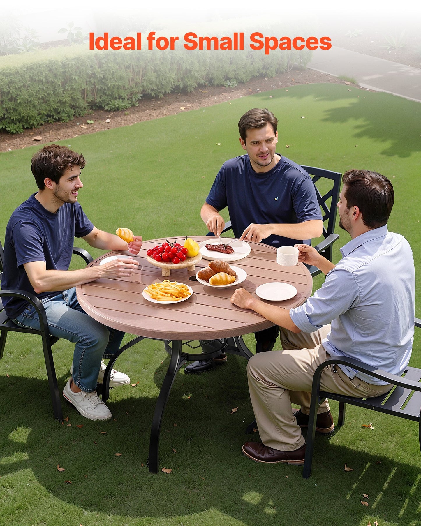 Outdoor Patio Dining Table, 103cm Round Wood-Like Steel Slat Backyard Bistro Coffee Tables for 4, with 38mm Umbrella Hole, Outside All-Weather Large Furniture for Lawn Garden Porch, Gray