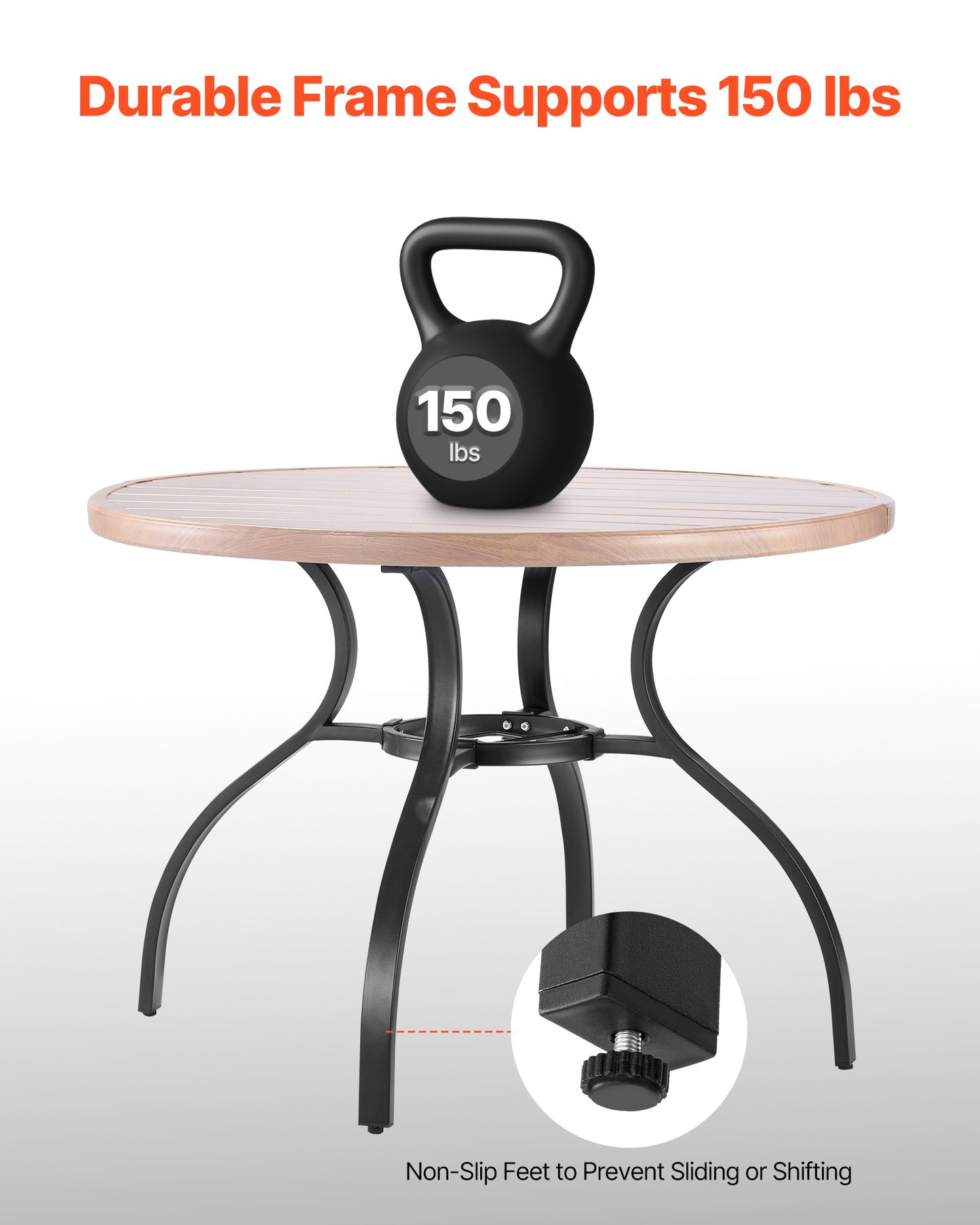 Outdoor Patio Dining Table, 103cm Round Wood-Like Steel Slat Backyard Bistro Coffee Tables for 4, with 38mm Umbrella Hole, Outside All-Weather Large Furniture for Lawn Garden Porch, Gray