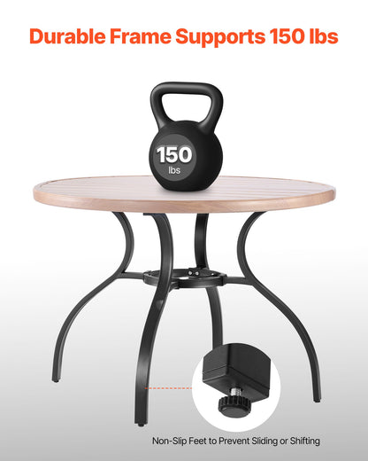 Outdoor Patio Dining Table, 103cm Round Wood-Like Steel Slat Backyard Bistro Coffee Tables for 4, with 38mm Umbrella Hole, Outside All-Weather Large Furniture for Lawn Garden Porch, Gray