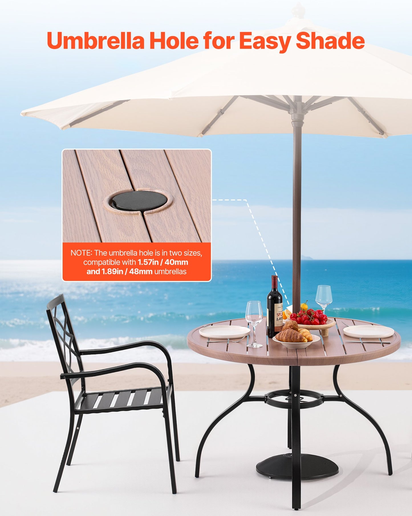 Outdoor Patio Dining Table, 103cm Round Wood-Like Steel Slat Backyard Bistro Coffee Tables for 4, with 38mm Umbrella Hole, Outside All-Weather Large Furniture for Lawn Garden Porch, Gray