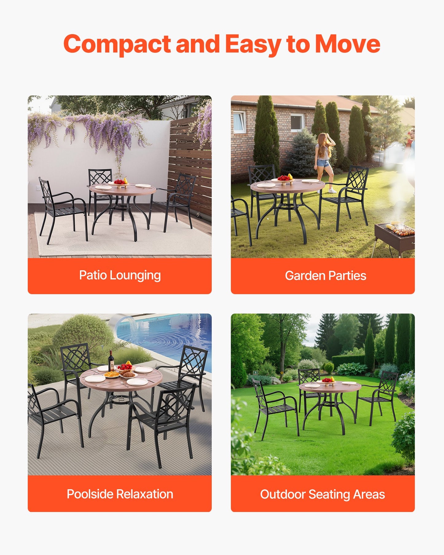 Outdoor Patio Dining Table, 103cm Round Wood-Like Steel Slat Backyard Bistro Coffee Tables for 4, with 38mm Umbrella Hole, Outside All-Weather Large Furniture for Lawn Garden Porch, Gray