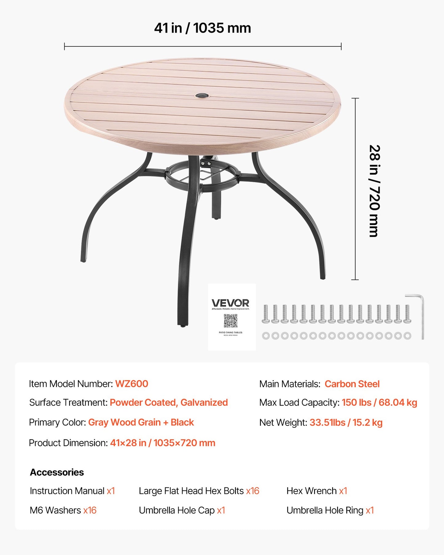 Outdoor Patio Dining Table, 103cm Round Wood-Like Steel Slat Backyard Bistro Coffee Tables for 4, with 38mm Umbrella Hole, Outside All-Weather Large Furniture for Lawn Garden Porch, Gray