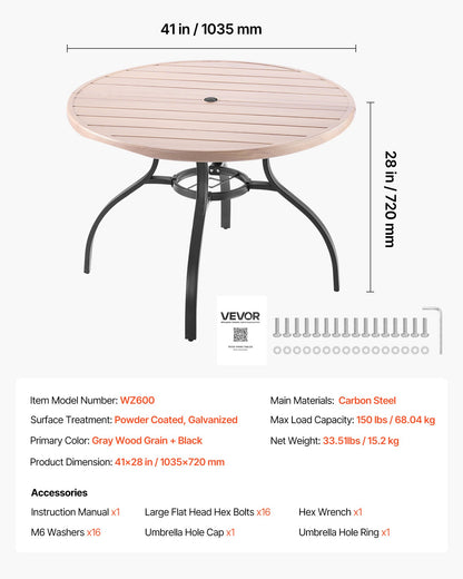 Outdoor Patio Dining Table, 103cm Round Wood-Like Steel Slat Backyard Bistro Coffee Tables for 4, with 38mm Umbrella Hole, Outside All-Weather Large Furniture for Lawn Garden Porch, Gray
