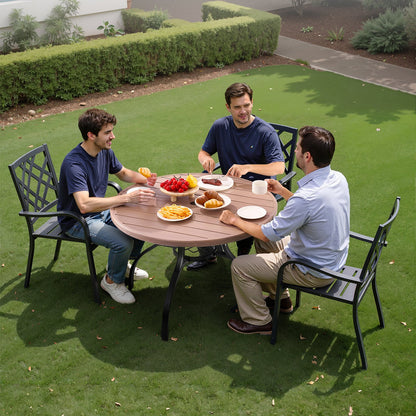 Outdoor Patio Dining Table, 103cm Round Wood-Like Steel Slat Backyard Bistro Coffee Tables for 4, with 38mm Umbrella Hole, Outside All-Weather Large Furniture for Lawn Garden Porch, Gray