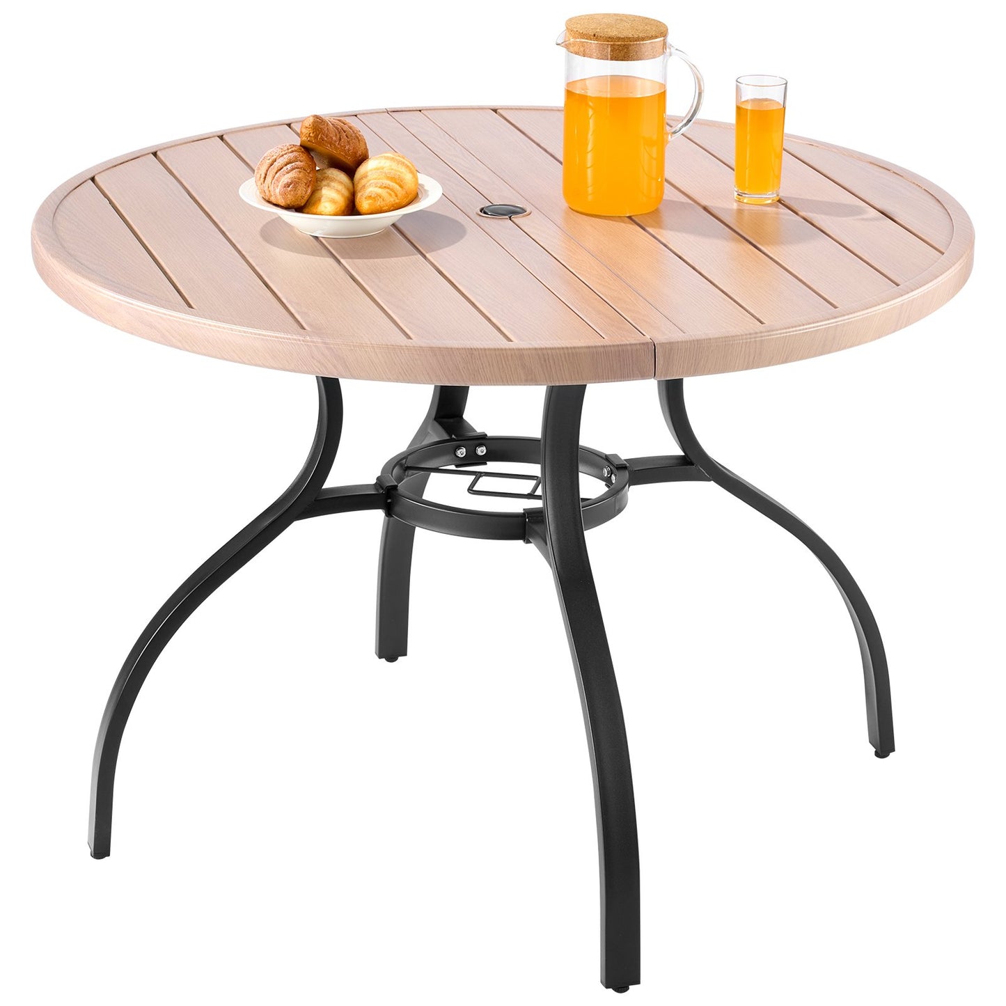 Outdoor Patio Dining Table, 103cm Round Wood-Like Steel Slat Backyard Bistro Coffee Tables for 4, with 38mm Umbrella Hole, Outside All-Weather Large Furniture for Lawn Garden Porch, Gray