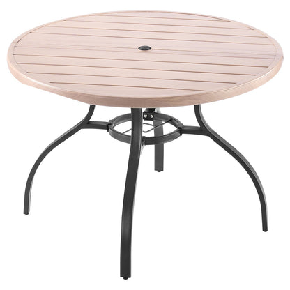 Outdoor Patio Dining Table, 103cm Round Wood-Like Steel Slat Backyard Bistro Coffee Tables for 4, with 38mm Umbrella Hole, Outside All-Weather Large Furniture for Lawn Garden Porch, Gray