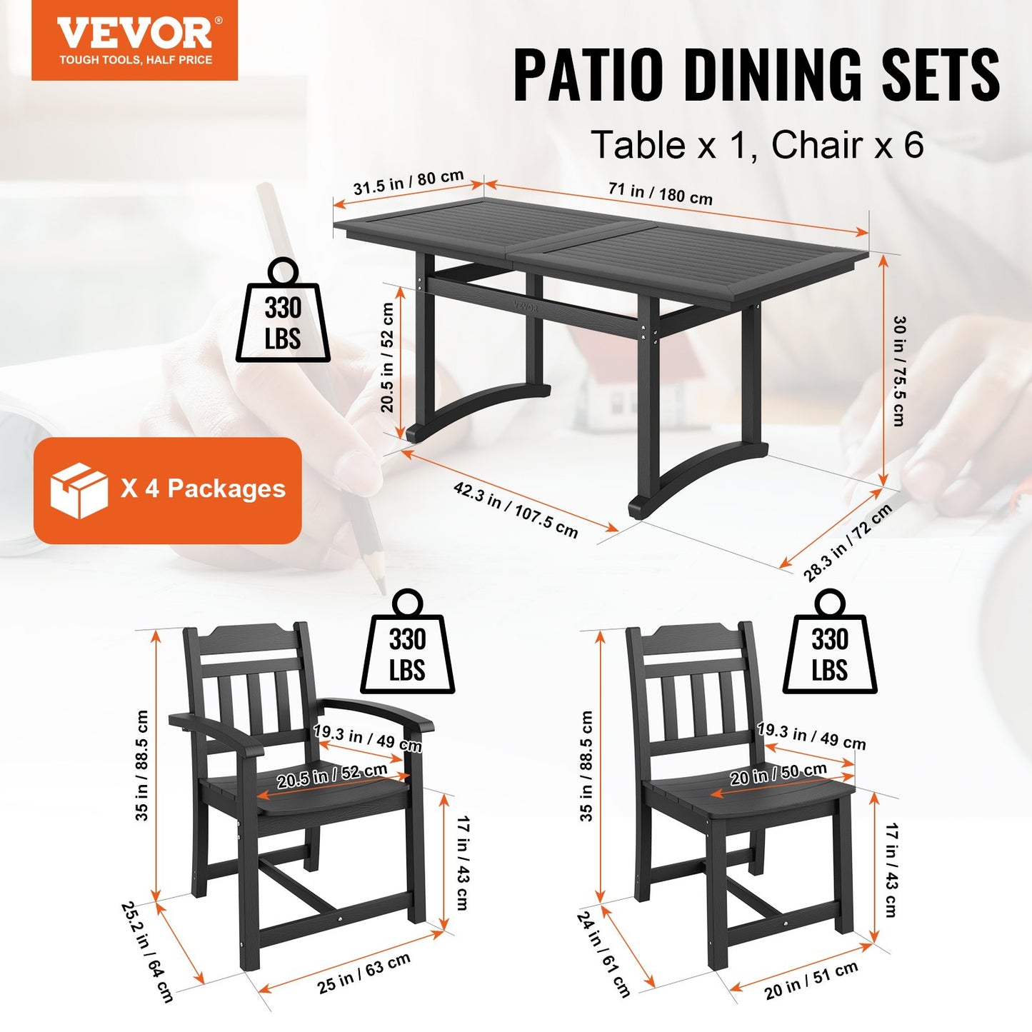 7 Pieces Patio Dining Set, Outdoor Rectangle Furniture Table and Chairs Set, All Weather Garden Furniture Table Sets, HIPS Patio Conversation Set, For Lawn, Deck, Backyard, Poolside, Black