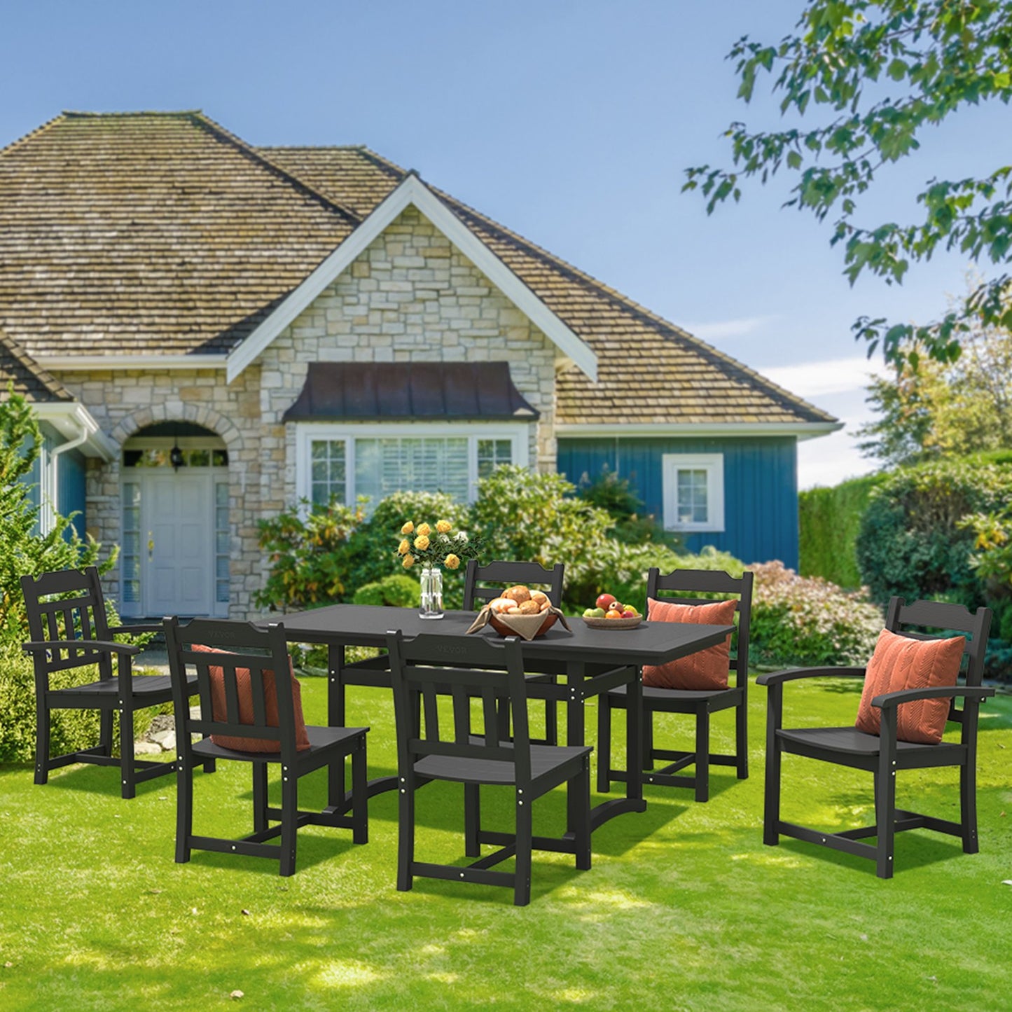 7 Pieces Patio Dining Set, Outdoor Rectangle Furniture Table and Chairs Set, All Weather Garden Furniture Table Sets, HIPS Patio Conversation Set, For Lawn, Deck, Backyard, Poolside, Black