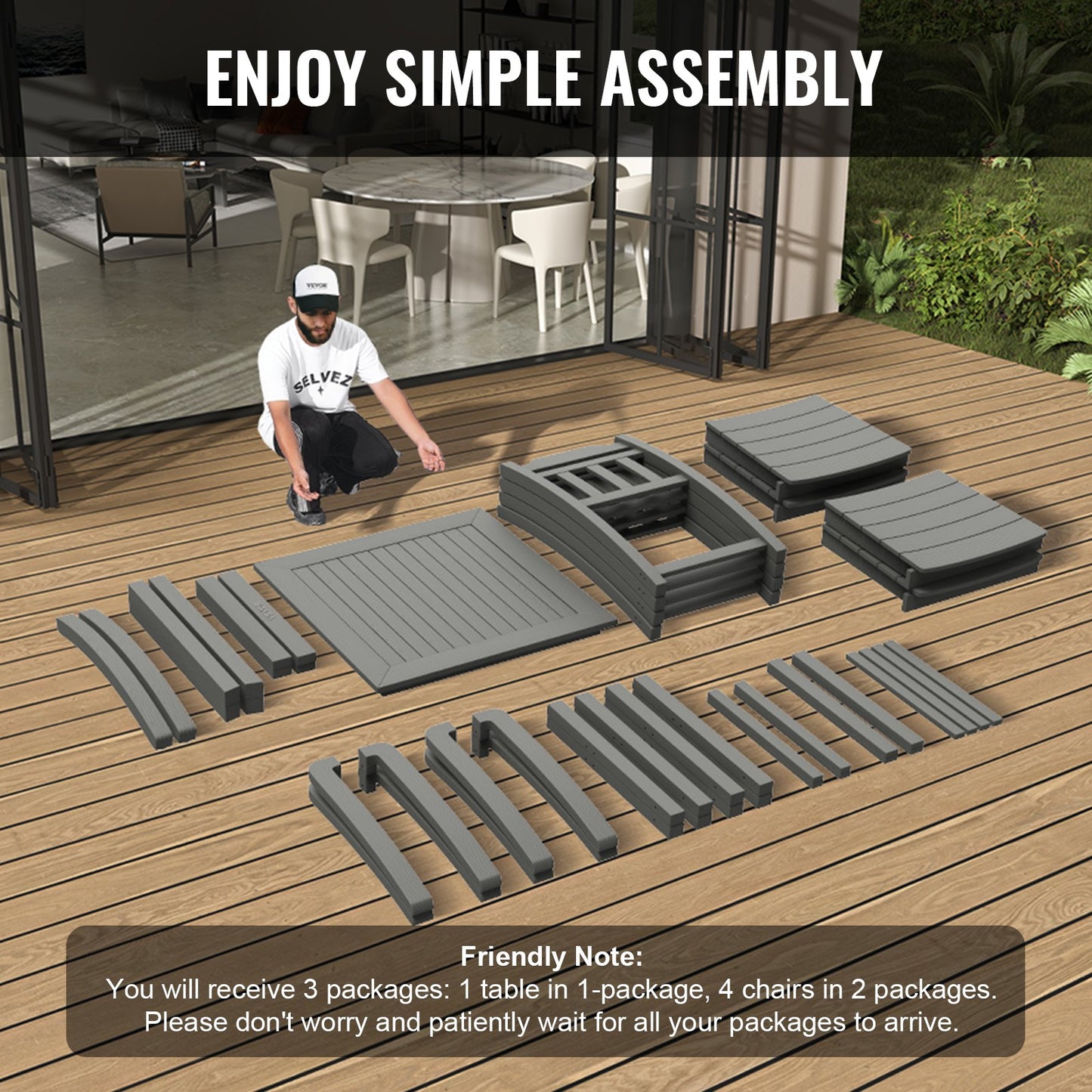 5 Pieces Patio Dining Set, Outdoor Square Furniture Table and Chairs, All Weather Garden Furniture Table Sets, HIPS Small Patio Conversation Set, For Lawn, Deck, Backyard, Poolside, Light Gray