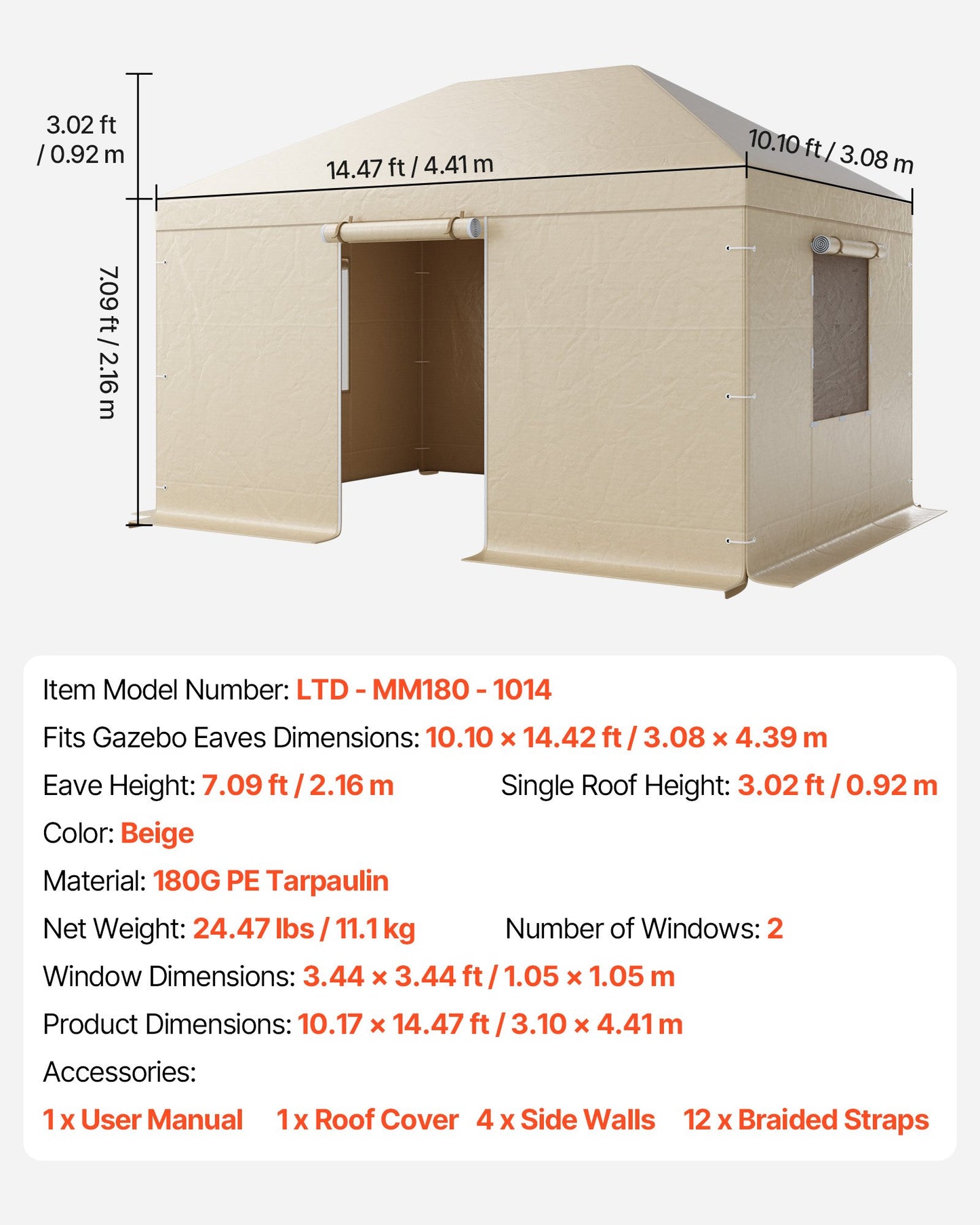 Winter-Pavillonabdeckung, passend für 3,08 x 4,39 m große Pavillons mit festem Dach, wetterfest, mit Seitenwänden und Fenstern, aus hochdichtem PE-Material, geschlossene Abdeckung für Lagerräume, Pavillons nicht im Lieferumfang enthalten