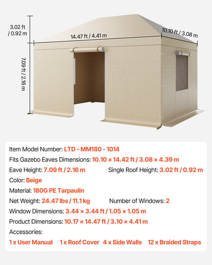 Winter-Pavillonabdeckung, passend für 3,08 x 4,39 m große Pavillons mit festem Dach, wetterfest, mit Seitenwänden und Fenstern, aus hochdichtem PE-Material, geschlossene Abdeckung für Lagerräume, Pavillons nicht im Lieferumfang enthalten