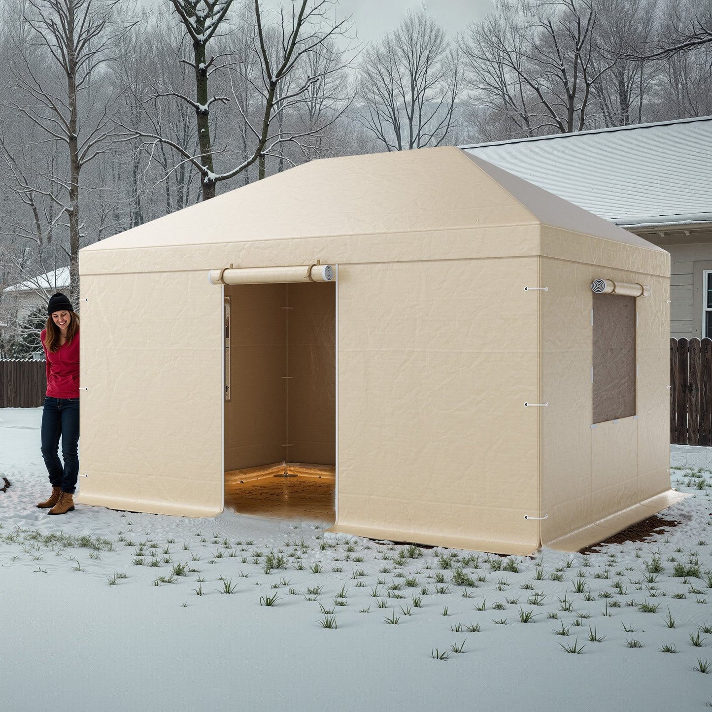 Winter-Pavillonabdeckung, passend für 3,08 x 4,39 m große Pavillons mit festem Dach, wetterfest, mit Seitenwänden und Fenstern, aus hochdichtem PE-Material, geschlossene Abdeckung für Lagerräume, Pavillons nicht im Lieferumfang enthalten