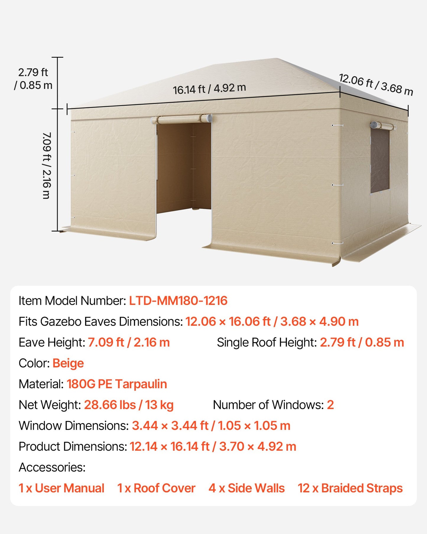 Winter-Pavillonabdeckung, passend für 3,68 x 4,9 m große Pavillons mit festem Dach, wetterfest, mit Seitenwänden und Fenstern, aus hochdichtem PE-Material, geschlossene Abdeckung für Lagerräume, Pavillons nicht im Lieferumfang enthalten