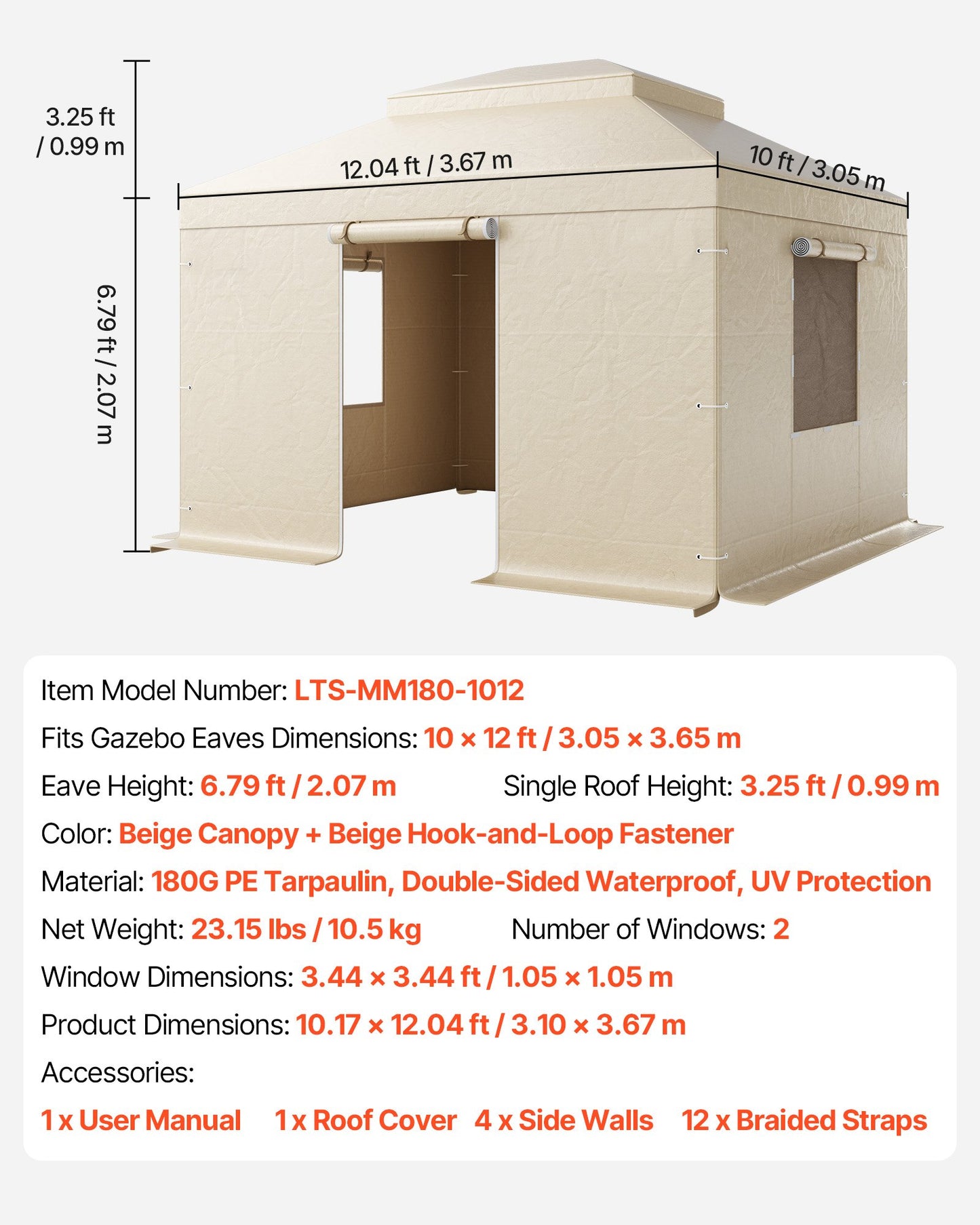 Winter-Pavillonabdeckung, passend für 3,05 x 3,65 m große Pavillons mit festem Dach, wetterfeste, zweistöckige Pavillonabdeckung mit Seitenwänden und Fenstern, geschlossene Lagerschutzabdeckung aus hochdichtem PE, Pavillons nicht im Lieferumfang enthalten