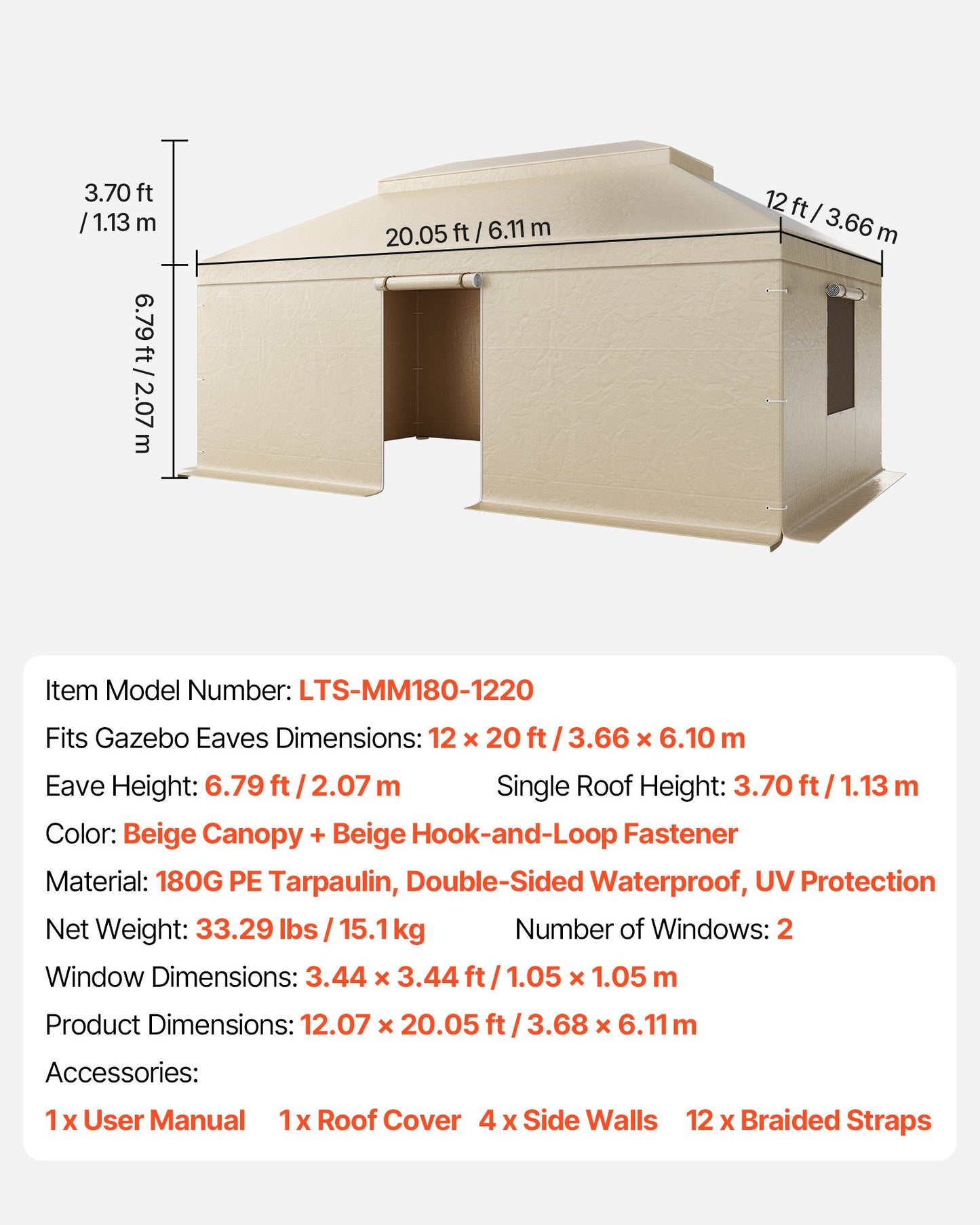 Der Gartenpavillon ist 3,66 x 6,10 m groß und hat eine Höhe von 3,66 x 6,10 m. Der Gartenpavillon ist mit einer Höhe von 3,66 x 6,10 m ausgestattet EU