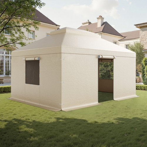 Winter Gazebo Cover Fits 3.66 x 4.87 m Hardtop Gazebos, All-Weather Double-Tiered Gazebo Cover with Sidewalls & Windows, High-Density PE Enclosed Storage Shelter Covers, Gazebos not Included