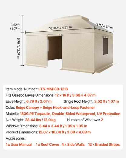Winter Gazebo Cover Fits 3.66 x 4.87 m Hardtop Gazebos, All-Weather Double-Tiered Gazebo Cover with Sidewalls & Windows, High-Density PE Enclosed Storage Shelter Covers, Gazebos not Included
