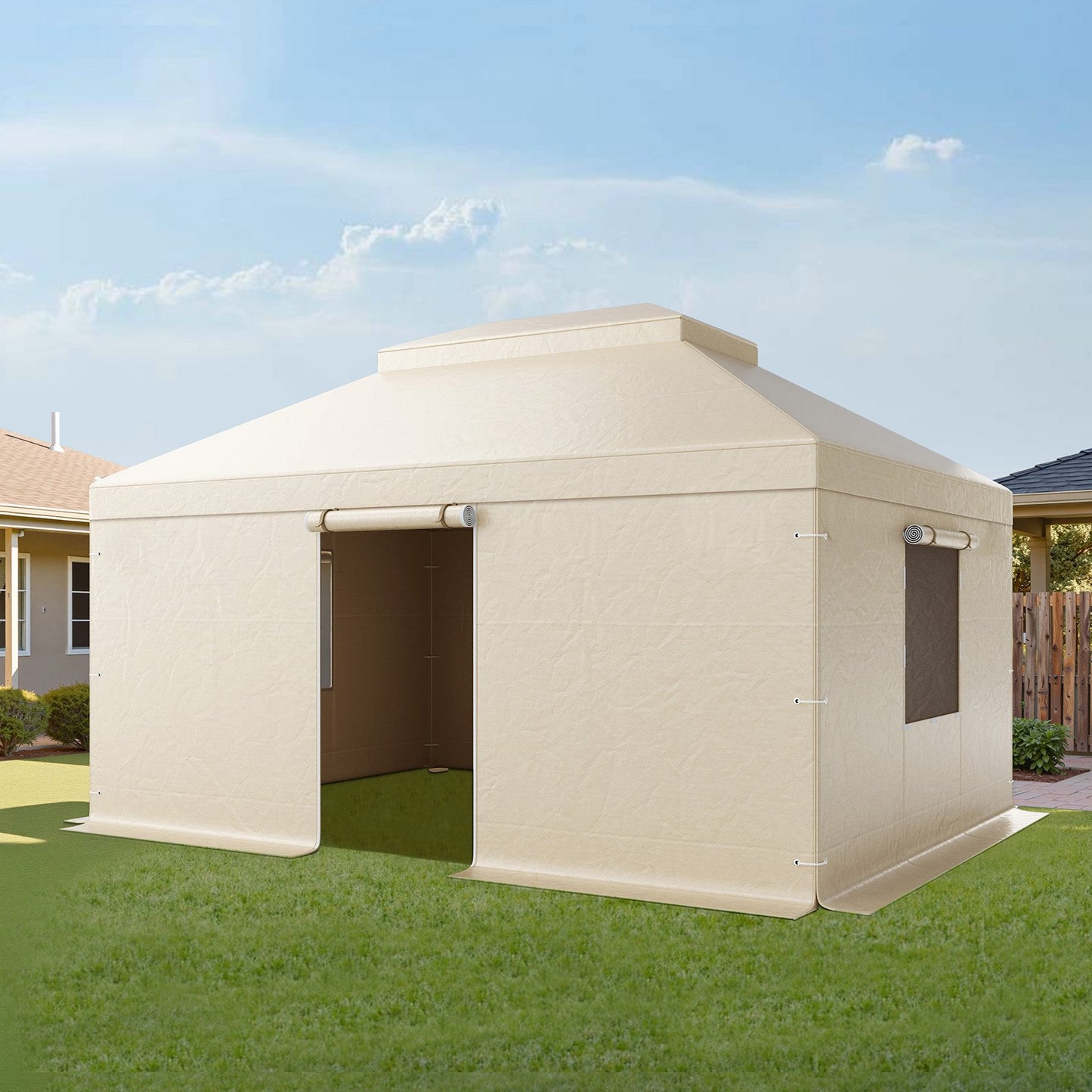 Winter Gazebo Cover Fits 3.66 x 4.87 m Hardtop Gazebos, All-Weather Double-Tiered Gazebo Cover with Sidewalls & Windows, High-Density PE Enclosed Storage Shelter Covers, Gazebos not Included