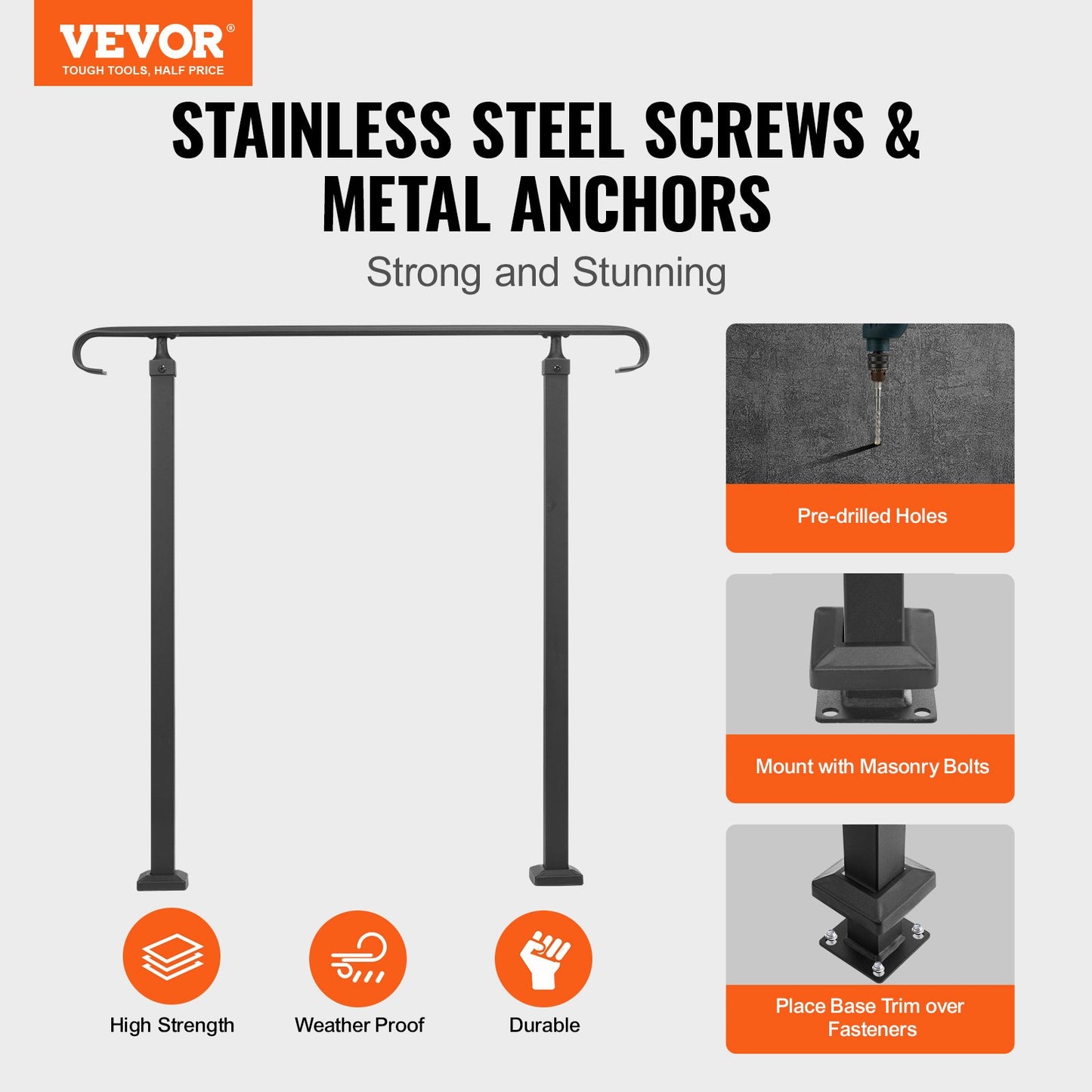 Schmiedeeisernes Treppengeländer, passend für 1- oder 2-stufige Außentreppen, verstellbares Treppengeländer für die Veranda, schwarzes, modernes Treppengeländer für Beton- oder Holztreppen inklusive Montagesatz