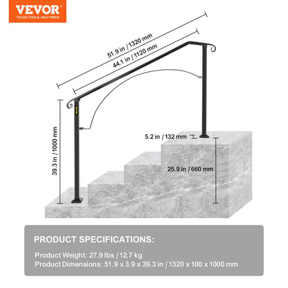 Handläufe für Außentreppen, passend für 3 oder 4 Stufen, Bogenhandlauf aus Schmiedeeisen Nr. 3, flexibler Verandageländer, schwarze Übergangshandläufe für Betontreppen oder Holztreppen