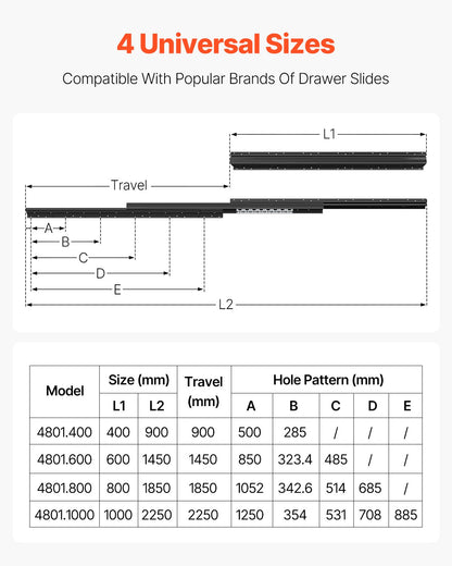 Unterbau-Schubladenschienen, 40,6 cm (16 Zoll), Vollauszug, Kugellager, Tragkraft 117,9 kg (260 lb), robuste untere Treppenschrankgleiter, für den Selbstaustausch, Schwarz