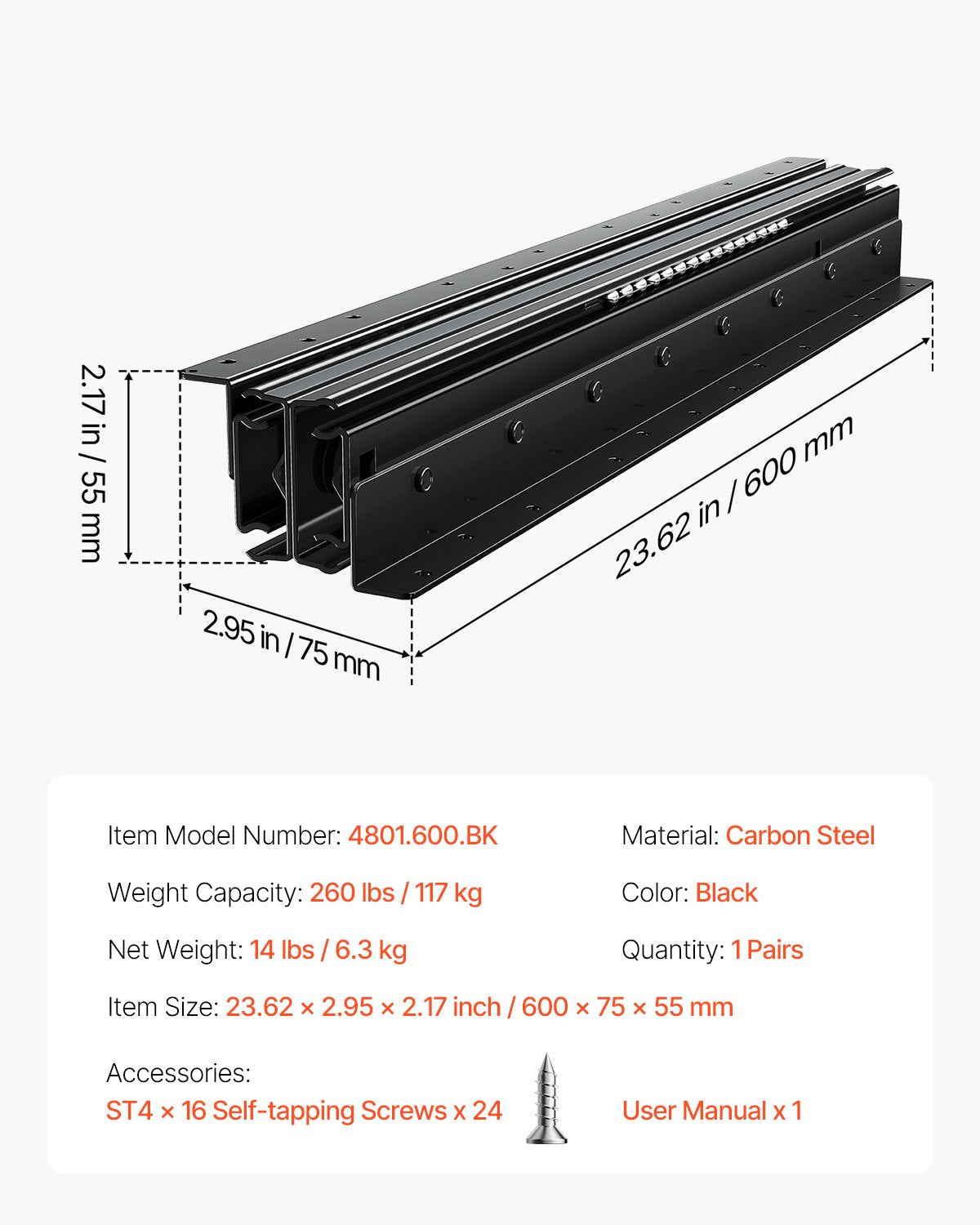 Unterbau-Schubladenschienen, 61 cm (24 Zoll), Vollauszug, Kugellager, für Treppenschränke, Tragkraft 118 kg (260 lb), robuste untere Treppenschrankgleiter, für den Selbstaustausch, Schwarz