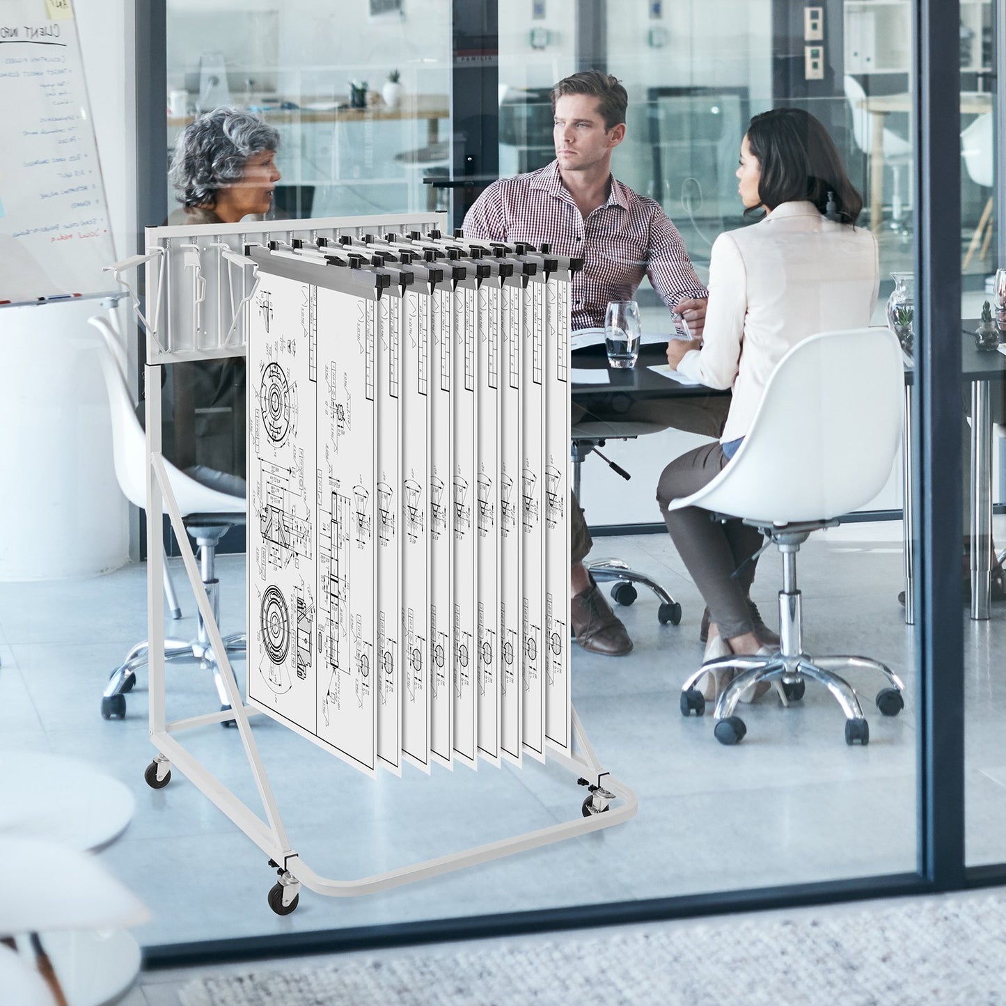 Mobile Blueprint Storage Rack, Plan Holder with 12 Pivot Brackets, Mobile Blueprint Holder Adjustable Height & Length, Poster Display Rack for Office and Home (Rack Only Without Clamps)