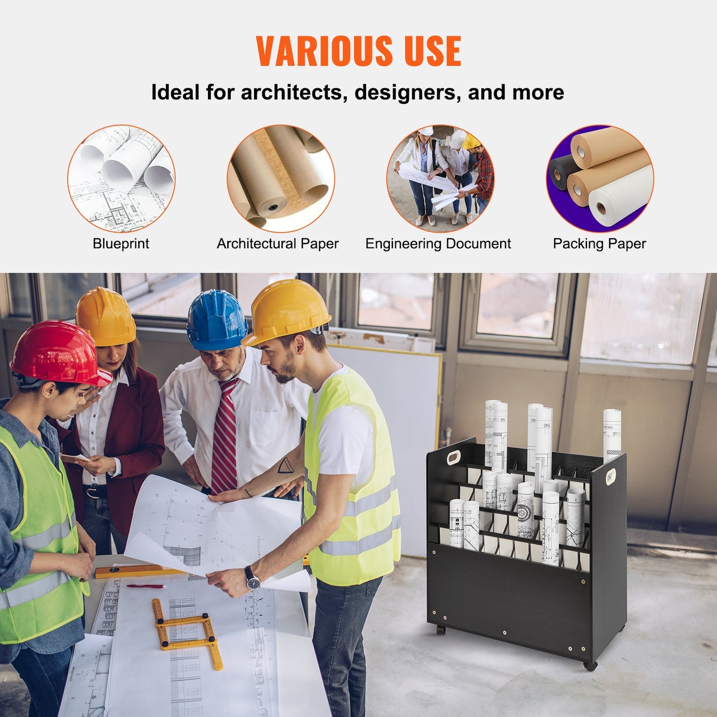 Bauplan-Aufbewahrungsständer, mobiler Bauplan-Aufbewahrungsschrank mit 50 Fächern, Rollcontainer aus Holz für Baupläne, Karten, Poster und Architekturpläne, Bauplan-Ablagehalter für Zuhause, Büro und Schule