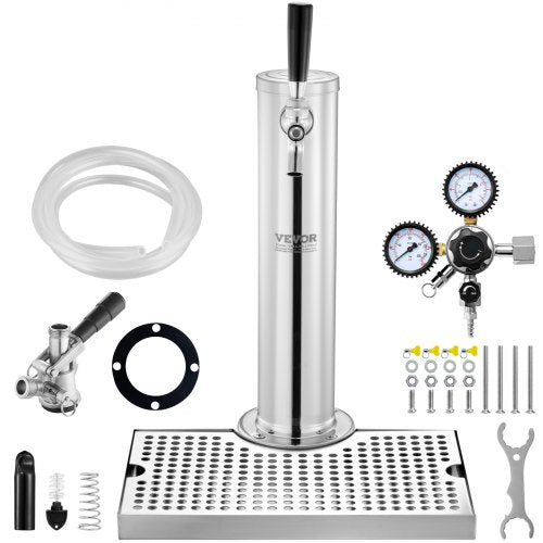 Kegerator Tower Kit, Single Tap Beer Conversion Kit, Stainless Steel Keg Beer Tower Dispenser with Dual Gauge W21.8 Regulator & S-System Keg Coupler, Beer Drip Tray for Party Home