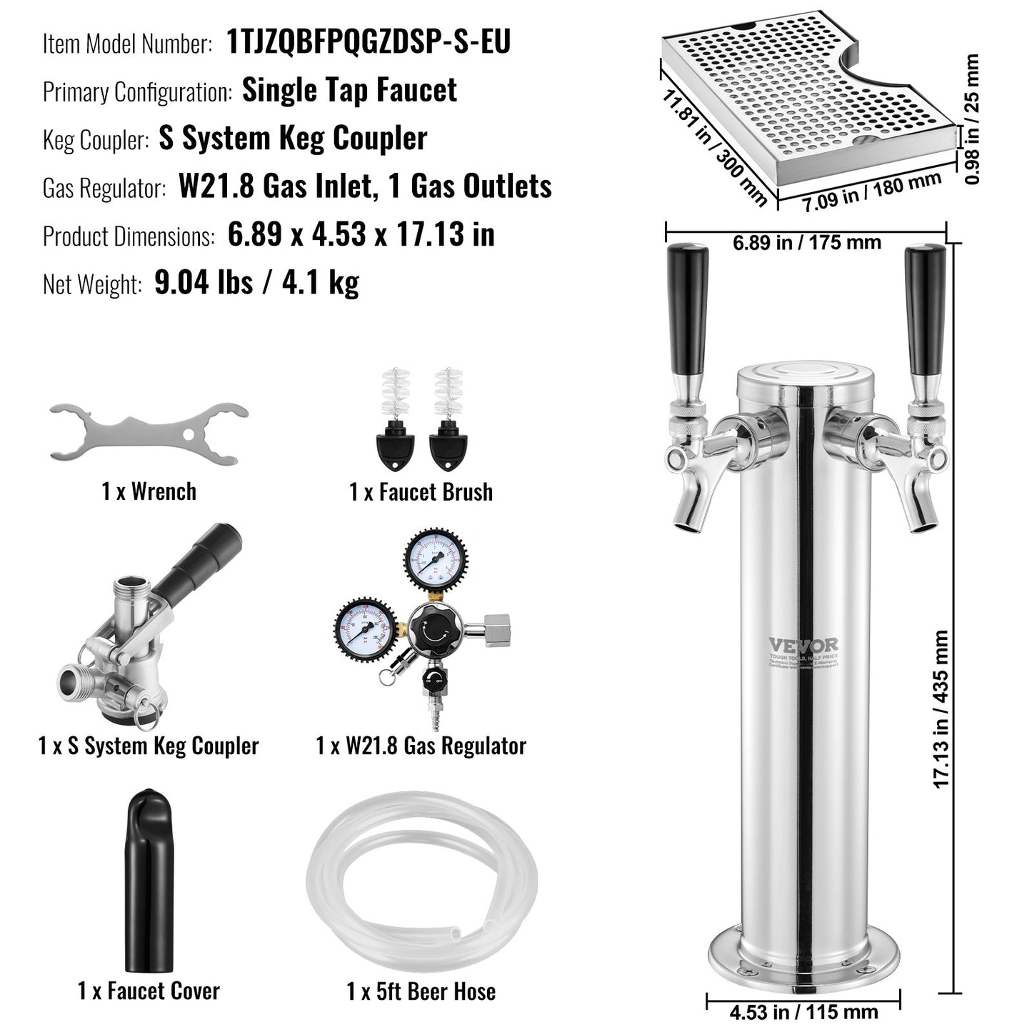 Bierzapfanlage mit Zapfsäule, Umrüstset für einen einzelnen Zapfhahn, Bierzapfanlage aus Edelstahl mit Doppelmanometer W21.8-Regler und S-System-Keg-Kupplung, Abtropfschale für Partys