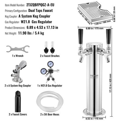 Kegerator Tower Kit, Dual Taps Beer Conversion Kit, Stainless Steel Keg Beer Tower Dispenser with Dual Gauge W21.8 Regulator & A-System Keg Coupler, Beer Drip Tray for Party Home