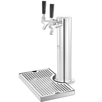 Kegerator Tower Kit, Dual Taps Beer Conversion Kit, Stainless Steel Keg Beer Tower Dispenser with Dual Gauge W21.8 Regulator & A-System Keg Coupler, Beer Drip Tray for Party Home