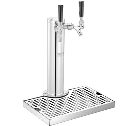 Kegerator Tower Kit, Dual Taps Beer Conversion Kit, Stainless Steel Keg Beer Tower Dispenser with Dual Gauge W21.8 Regulator & A-System Keg Coupler, Beer Drip Tray for Party Home