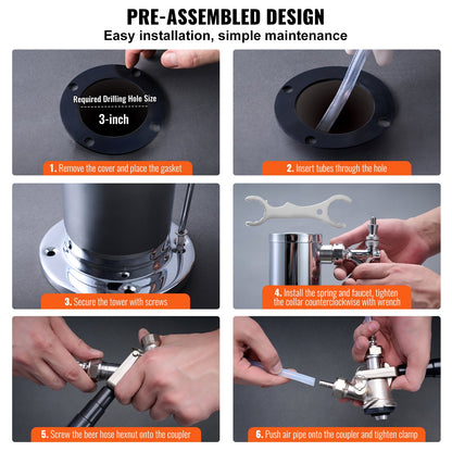 Kegerator Tower Kit, Dual Taps Beer Conversion Kit, Stainless Steel Keg Beer Tower Dispenser with Dual Gauge W21.8 Regulator & S-System Keg Coupler for Party Home