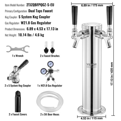 Kegerator Tower Kit, Dual Taps Beer Conversion Kit, Stainless Steel Keg Beer Tower Dispenser with Dual Gauge W21.8 Regulator & S-System Keg Coupler for Party Home