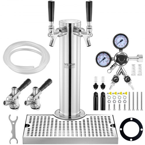 Kegerator Tower Kit, Dual Taps Beer Conversion Kit, Stainless Steel Keg Beer Tower Dispenser with Dual Gauge W21.8 Regulator & S-System Keg Coupler, Beer Drip Tray for Party Home
