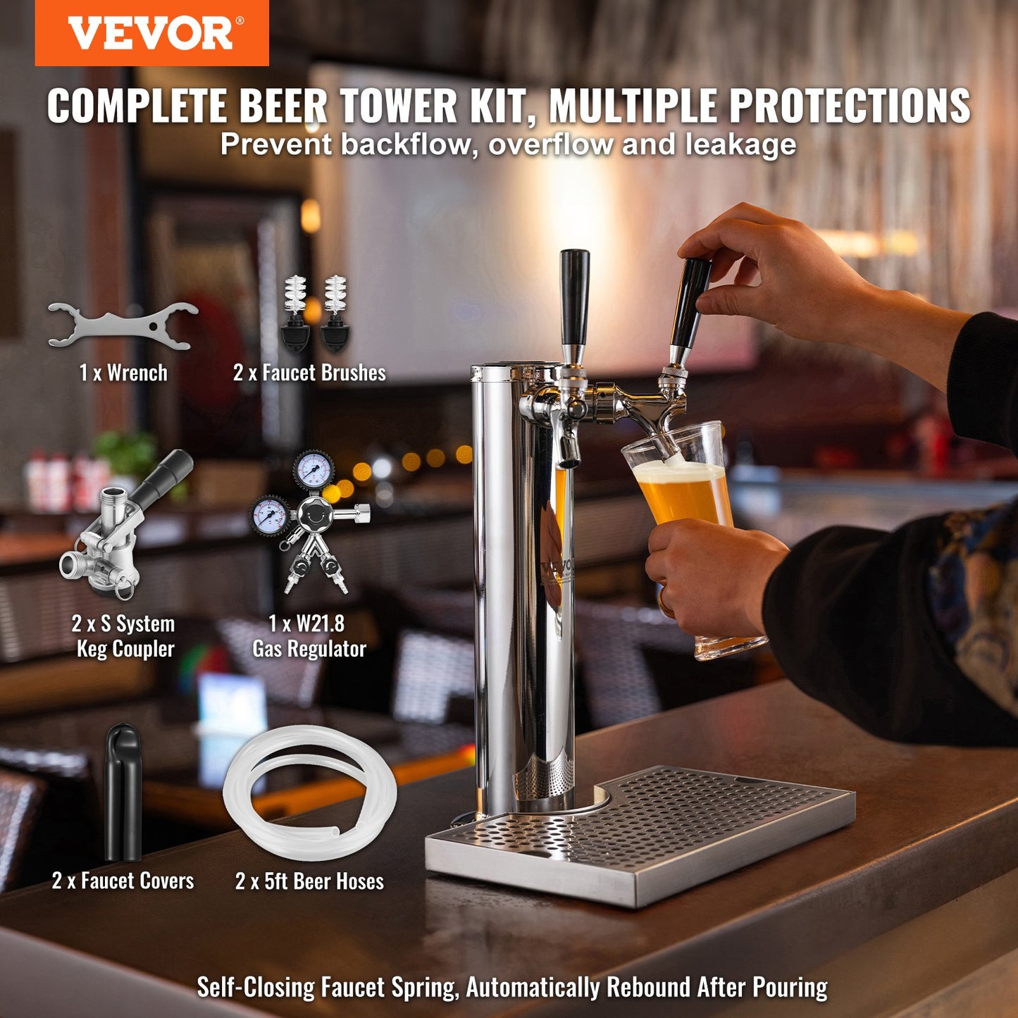 Kegerator Tower Kit, Dual Taps Beer Conversion Kit, Stainless Steel Keg Beer Tower Dispenser with Dual Gauge W21.8 Regulator & S-System Keg Coupler, Beer Drip Tray for Party Home