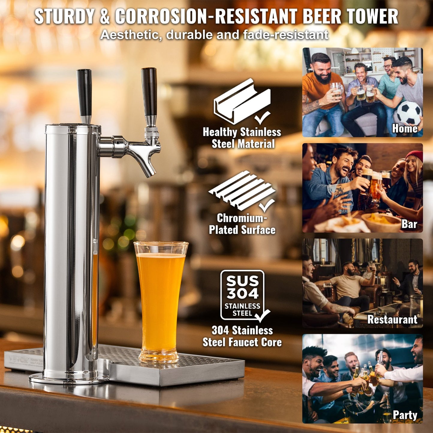 Kegerator Tower Kit, Dual Taps Beer Conversion Kit, Stainless Steel Keg Beer Tower Dispenser with Dual Gauge W21.8 Regulator & S-System Keg Coupler, Beer Drip Tray for Party Home