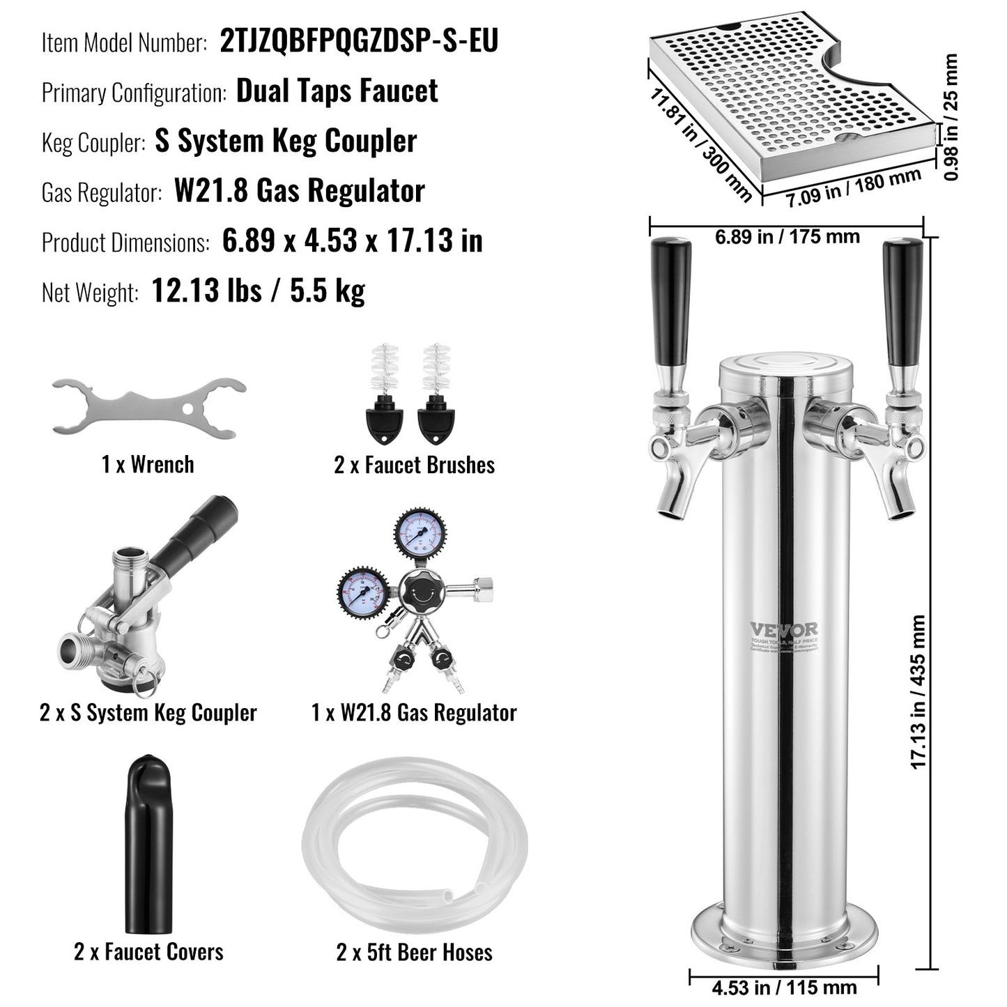 Kegerator Tower Kit, Dual Taps Beer Conversion Kit, Stainless Steel Keg Beer Tower Dispenser with Dual Gauge W21.8 Regulator & S-System Keg Coupler, Beer Drip Tray for Party Home
