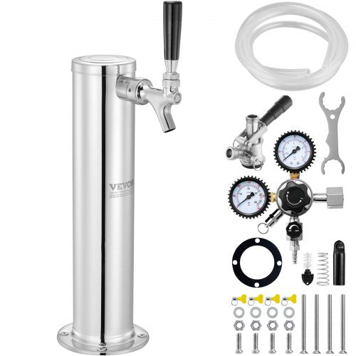 Kegerator Tower Kit, Single Tap Beer Conversion Kit, Stainless Steel Keg Beer Tower Dispenser with Dual Gauge W21.8 Regulator & S-System Keg Coupler for Party Home