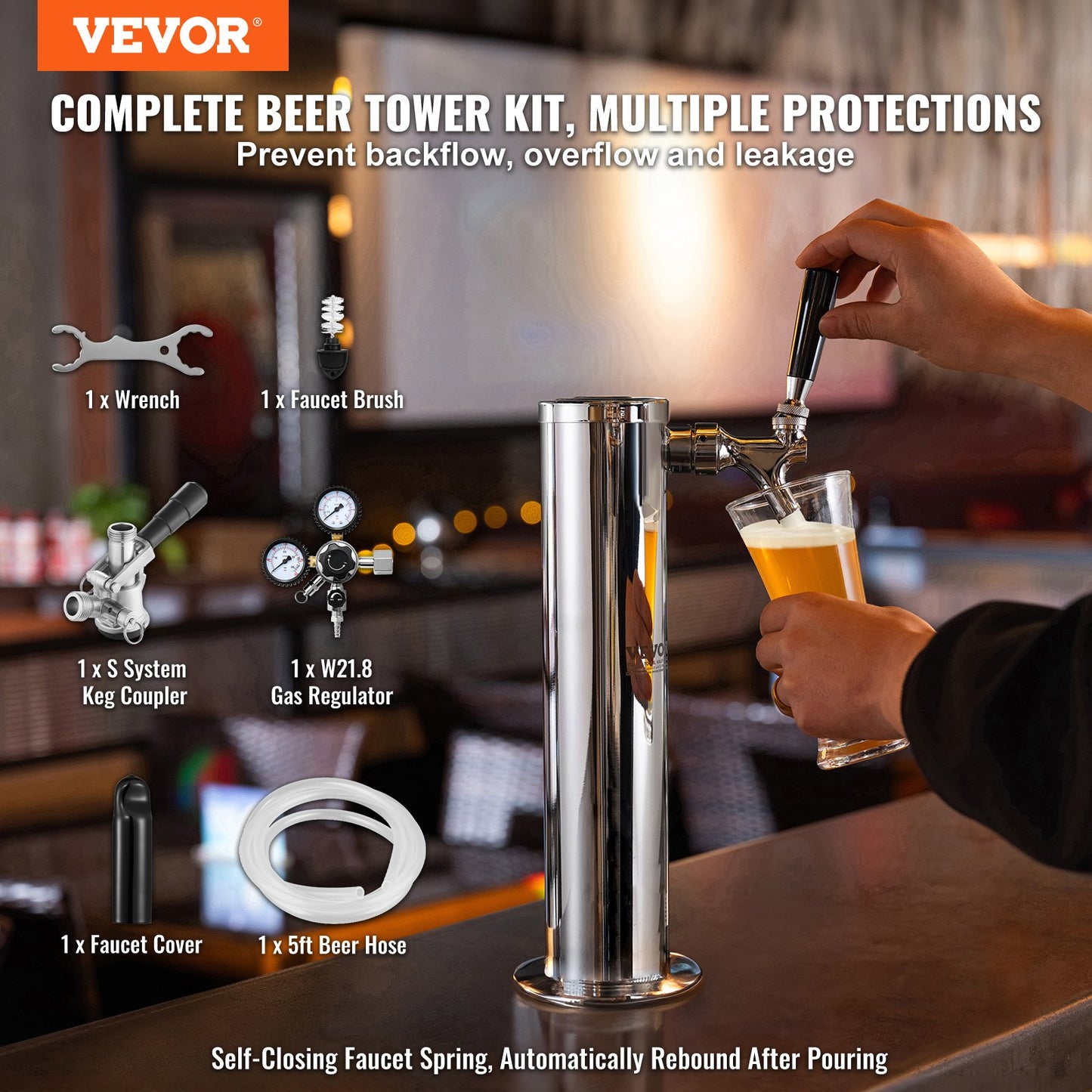 Kegerator Tower Kit, Single Tap Beer Conversion Kit, Stainless Steel Keg Beer Tower Dispenser with Dual Gauge W21.8 Regulator & S-System Keg Coupler for Party Home