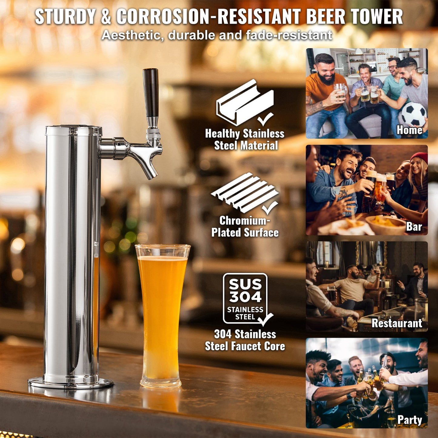 Kegerator Tower Kit, Single Tap Beer Conversion Kit, Stainless Steel Keg Beer Tower Dispenser with Dual Gauge W21.8 Regulator & S-System Keg Coupler for Party Home