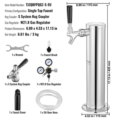 Kegerator Tower Kit, Single Tap Beer Conversion Kit, Stainless Steel Keg Beer Tower Dispenser with Dual Gauge W21.8 Regulator & S-System Keg Coupler for Party Home