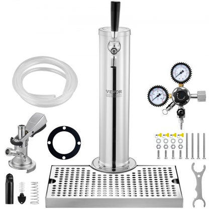 Kegerator Tower Kit, Single Tap Beer Conversion Kit, Stainless Steel Keg Beer Tower Dispenser with Dual Gauge W21.8 Regulator & A-System Keg Coupler, Beer Drip Tray for Party Home