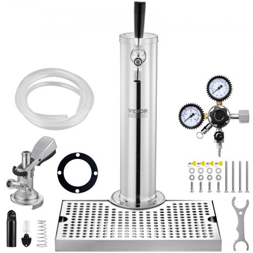 Kegerator Tower Kit, Single Tap Beer Conversion Kit, Stainless Steel Keg Beer Tower Dispenser with Dual Gauge W21.8 Regulator & A-System Keg Coupler, Beer Drip Tray for Party Home