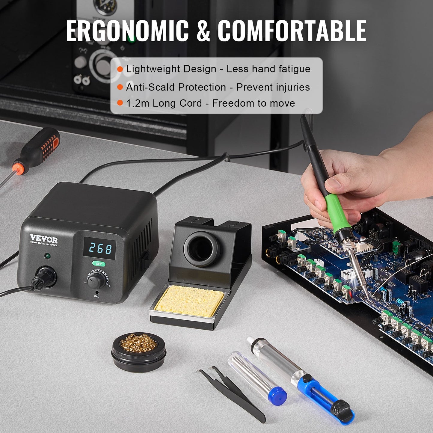 Lötstation, 70-W-Lötstationsset mit Digitalanzeige, Temperaturregelung von 50 °C bis 500 °C und integriertem Transformator, automatischer Standby- und Schlafmodus, inklusive 5 Lötspitzen, bleifreiem Lötzinn und Pinzette
