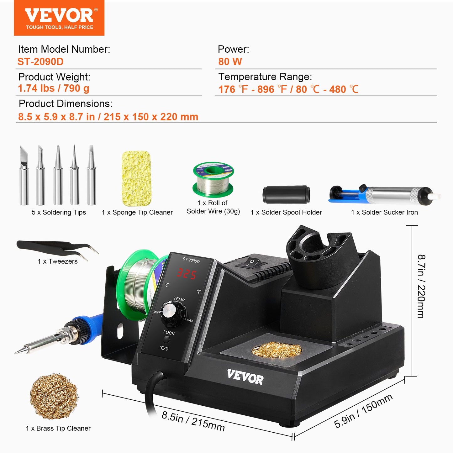 Soldering Iron Station, 80W Digital Display Soldering Station Kit with 5 Soldering Tips, Lead-Free Solder, Solder Sucker, Tweezer, Tip Cleaner, Auto Standby & Sleep Mode, °C/°F Conversion