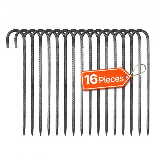 Rebar Stakes, 406,4 mm / 16-Inch, Heavy-Duty 0.4 in Diameter J Hook, Galvanized Steel Ground Anchors with Chisel Point End & Rust-Resistant Coating, for Gardening Support, Fence, Camping Tents (16-Pack)