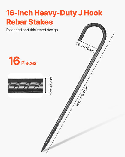 Rebar Stakes, 406,4 mm / 16-Inch, Heavy-Duty 0.4 in Diameter J Hook, Galvanized Steel Ground Anchors with Chisel Point End & Rust-Resistant Coating, for Gardening Support, Fence, Camping Tents (16-Pack)