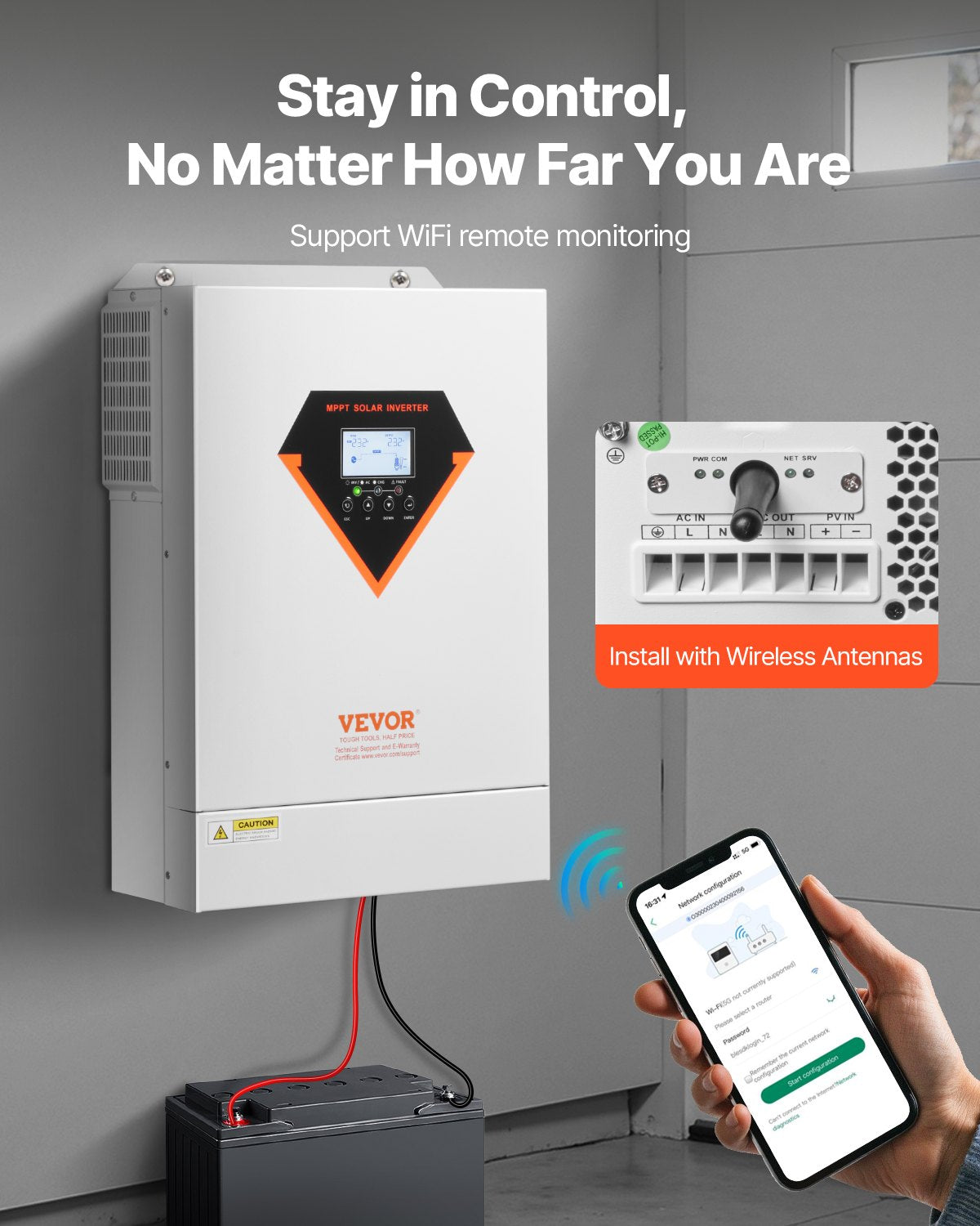 Hybrid Solar Inverter, 6000W, All in One Pure Sine Wave Power Inverter Charger, 48V DC to 220/230V AC, with Built-in WIFI 120A MPPT Solar Controller, for Off-Grid System Lead Acid Lithium Battery